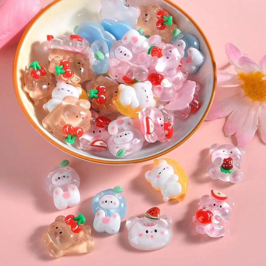 10入組隨機可愛卡通水果嬰兒熊平面吊飾,適用於diy相簿、髮夾飾品、手機殼工藝配件、手工珠寶製作 - 彩色 - 查看 1