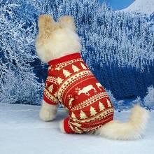 Red & Yellow Christmas Tree & Reindeer Printed Pet Jumpsuit - Multicolor - View 2