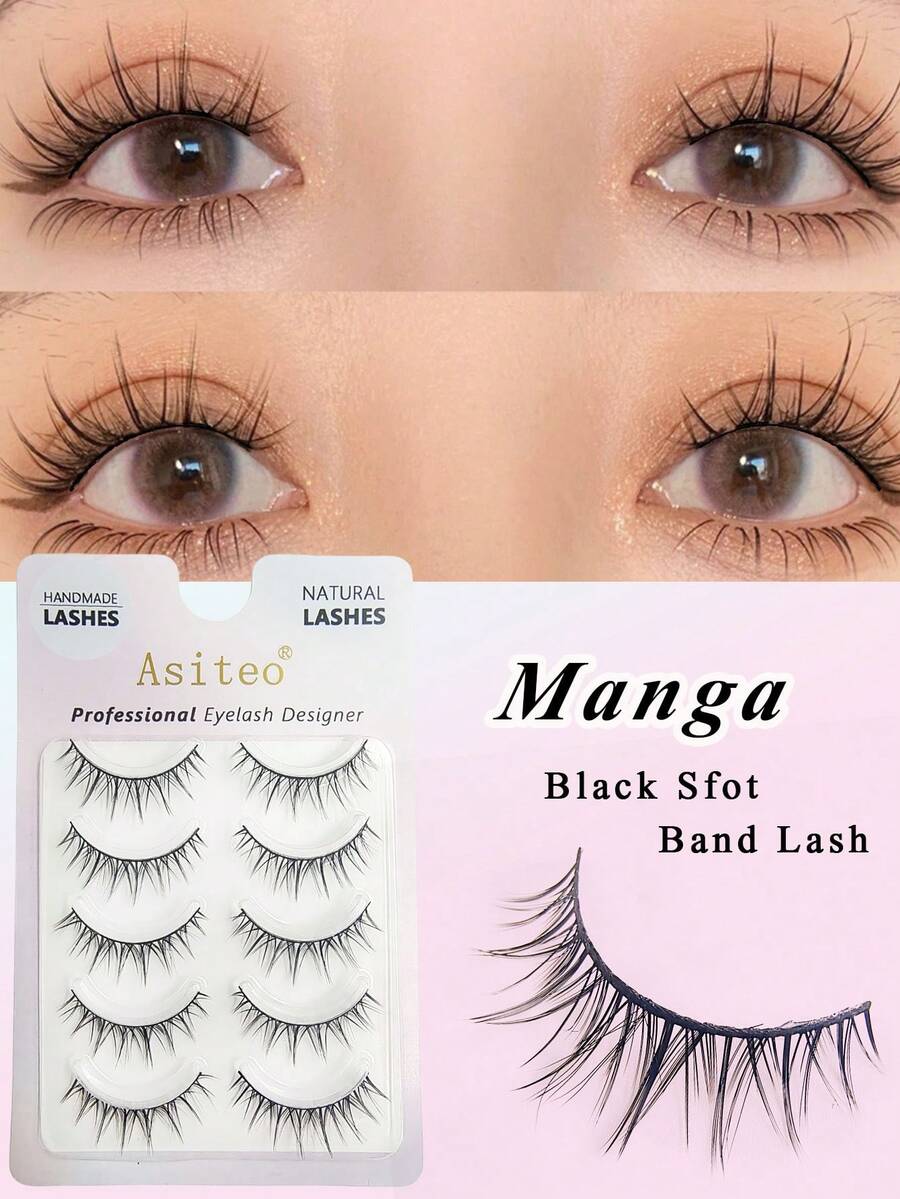 Asiteo 5 Pairs Cartoon Style False Eyelashes, Suitable For Cosplay, Dance Performance, Handmade, 3D Stereoscopic Natural Faux Mink Lashes - 黑色 - 查看 1