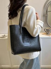 A Crocodile Handbag, Fashion Large Capacity Shoulder Bag PU, Suitable For University Students, Teachers, Offices, Workplaces, Animal Print Women Bag - Black - View 10