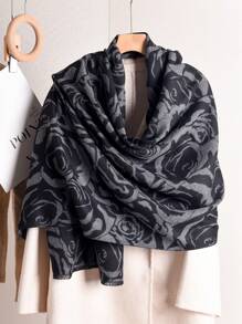 1條女裝加大碼玫瑰印花流蘇修邊仿開司米保暖簡約時尚圍巾披肩,適合日常使用 - 彩色 - 查看 1