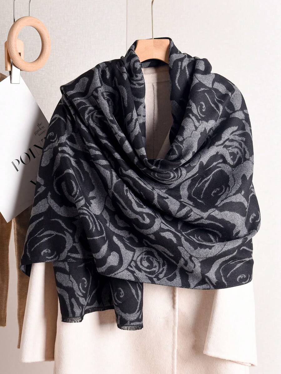 1條女裝加大碼玫瑰印花流蘇修邊仿開司米保暖簡約時尚圍巾披肩,適合日常使用 - 彩色 - 查看 1