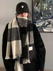 1pc Women's Black & White Polyester Plaid Neck Warmer Scarf For Fall And Winter Accessories Women