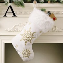 1pc White Large Plush Pearl Snowflake Pattern Christmas Stocking, Creative New Gift Socks - White - View 2