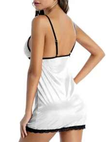 性感透視內衣帶蕾絲鑲邊貼身吊帶背心和睡裙 - 白色 - 查看 5