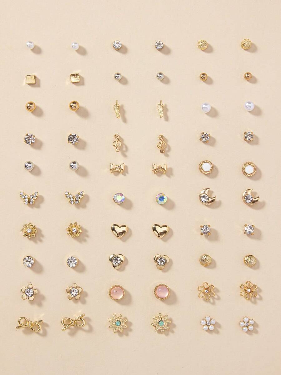 1套30對精美女性金屬小貝殼,人造珍珠和心形耳環套裝 - 彩色 - 查看 1