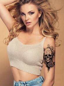 1片暫時性刺青貼紙,以骷髏玫瑰花紋為主題,適用於男女、成年人、青少年,在手臂、胸部、腿部、胃部等部分進行身體裝飾 - 黑色 - 查看 2