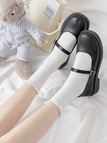 Women's White Ruffle Trim Mid-Calf Socks With Lace Cuff - White - View 3