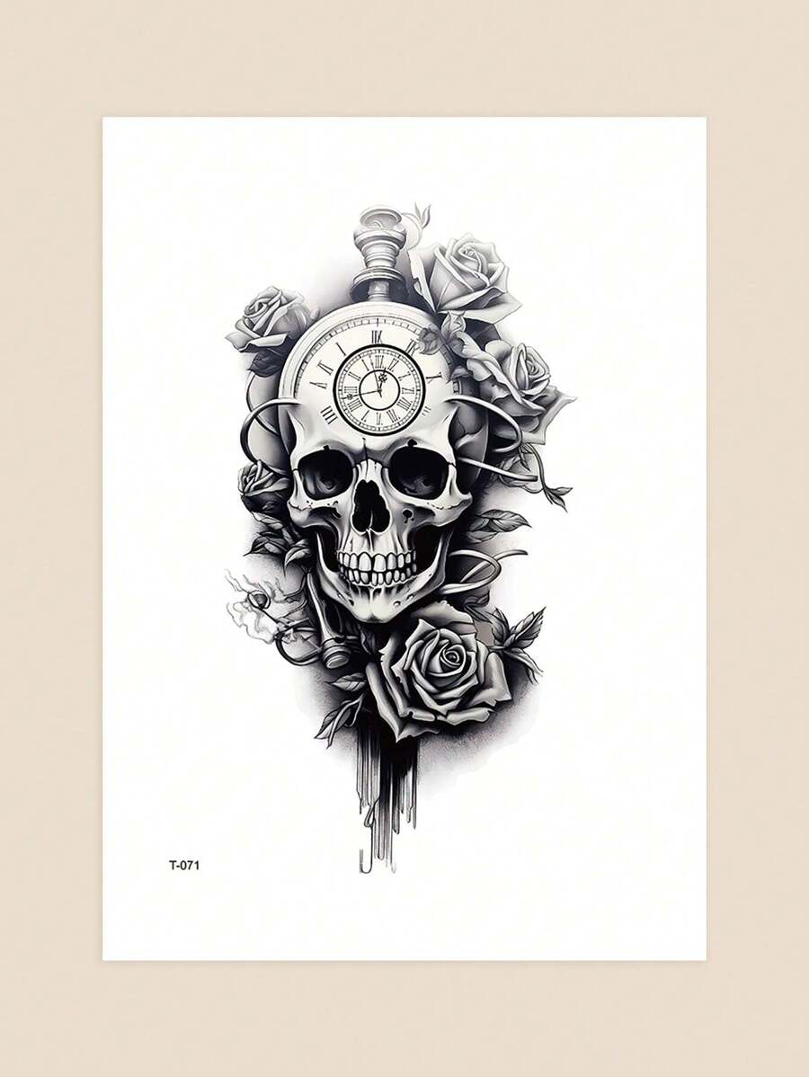 1片暫時性刺青貼紙,以骷髏玫瑰花紋為主題,適用於男女、成年人、青少年,在手臂、胸部、腿部、胃部等部分進行身體裝飾 - 黑色 - 查看 1