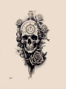 1片暫時性刺青貼紙,以骷髏玫瑰花紋為主題,適用於男女、成年人、青少年,在手臂、胸部、腿部、胃部等部分進行身體裝飾 - 黑色 - 查看 3