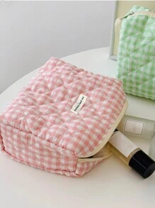 1 Pc Solid Color Plaid Makeup Bag Travel Women Large Soft Cosmetic Organizer Pouch Large Capacity Simple Makeup Bags Green Pencil Case Daily Makeup Brushes Storage Bag Travel Toiletry Bag Organizer Valentine's Day Gift,Gifts For Women,Christmas Gifts,Gift Ideas For Women,Pouch,Makeup Pouch,Travel Essential - Pink - View 3