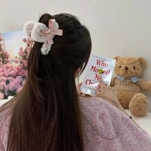 1入女式毛絨和鑽石裝飾蝴蝶結髮夾,時尚可愛,適合作為節日禮物,秋冬日常通勤使用