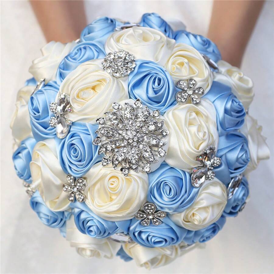 件絲綢玫瑰花束，附水鑽和水鑽裝飾，適合婚禮新娘，新娘手紮花束