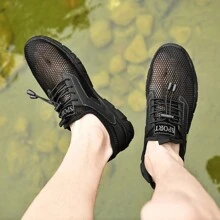 Men's Plus Size Breathable Hollow Out Mesh Water Shoes With Thick Sole & Quick Dry For Summer Beach Walking