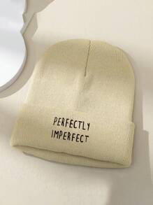 1 件男女通用秋冬弹力针织帽，时尚街头嘻哈风格“PERFECTLY IMPERFECT”刺绣保暖无檐小便帽 - 黑色 - 查看 6