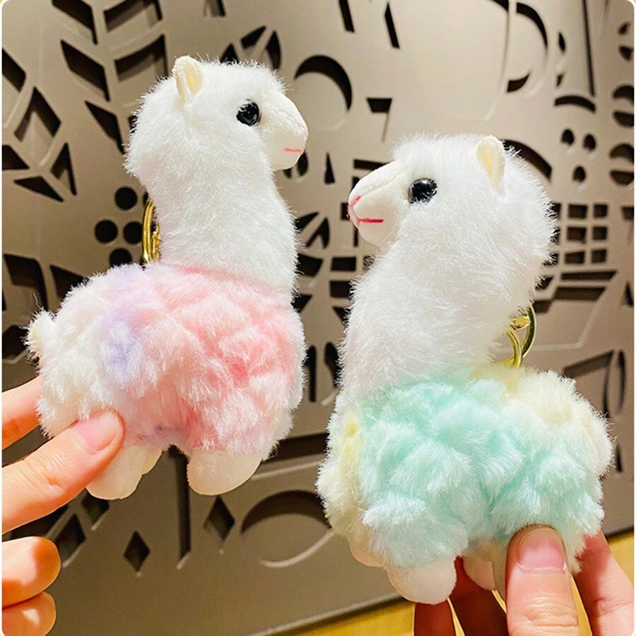 1粉色毛绒羊驼钥匙扣创意可爱彩色羊驼公仔卡通潮流汽车钥匙扣背包挂件适合女生当小礼物 - 粉色 - 查看 1