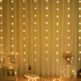 1pc 72LED Star Curtain Decorative String Lights Battery Operated Star Fairy Light For Home Bedroom Window Indoor & Outdoor Party Wedding Holiday Festival Decoration - Warm White