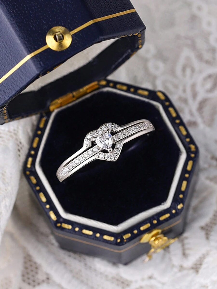 INS Style Silver Heart Rhinestone Ring, Mother-Daughter Design, Elegant Everyday Wear Finger Ring - White - View 1
