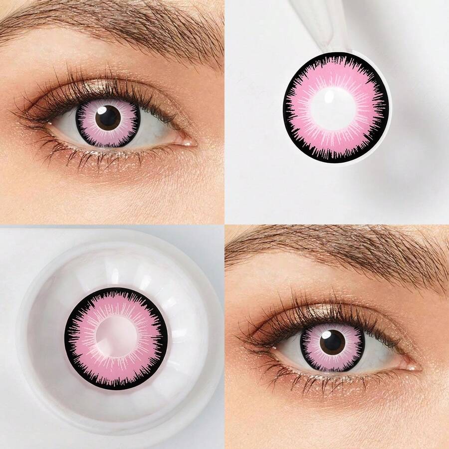 PsEYEche Colored Contacts Lens Multi-pattern 14.0mm 14.2mm 14.5mm 1 Pair Yearly Contact Lenses For Halloween Cosplay - Hồng đen - Xem 1