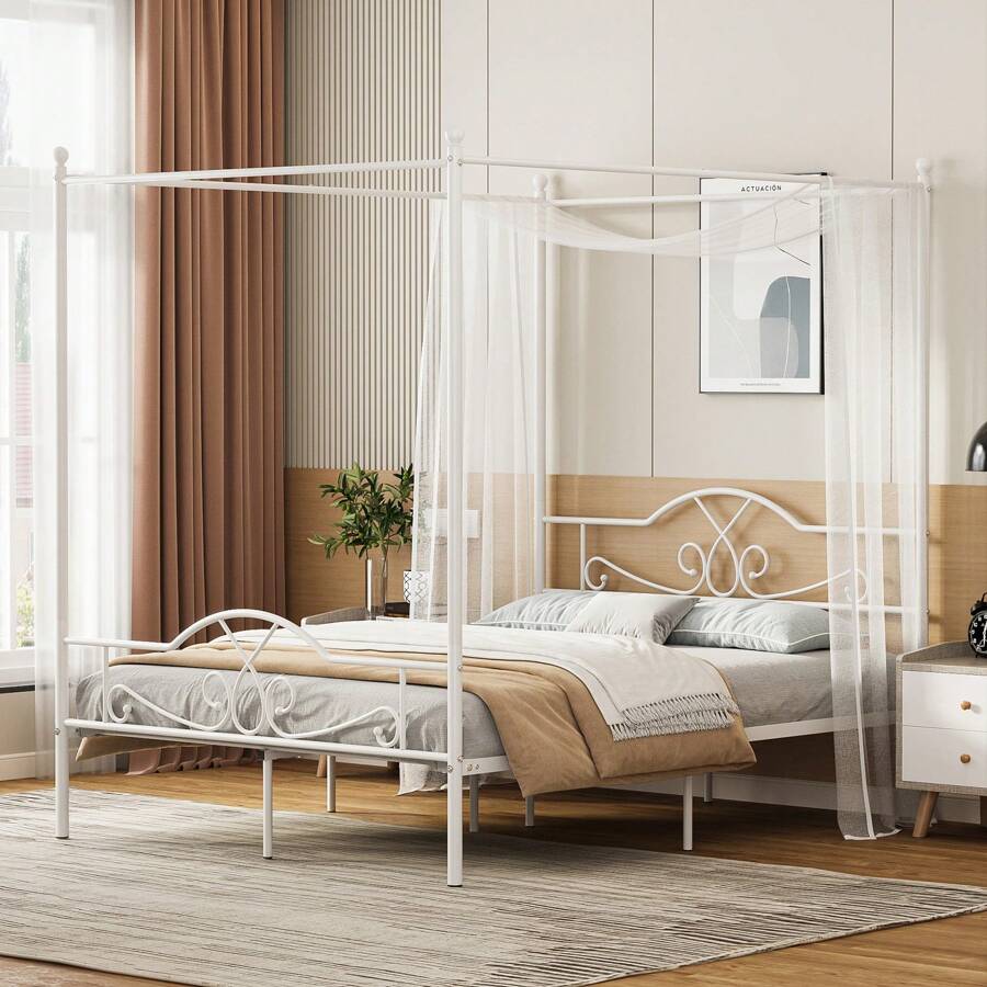 Canopy Bed Frame With Headboard And Footboard, Four-Poster Canopy Bed Metal Platform Mattress Foundation Underbed Storage No Box Spring Needed Easy Assembly - trắng - Xem 1