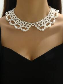 1支韓式年輕化簡約鎖骨珍珠編織項鍊,手工製作的女式披肩吊墜,適用於時尚影響者 - 白色 - 查看 1