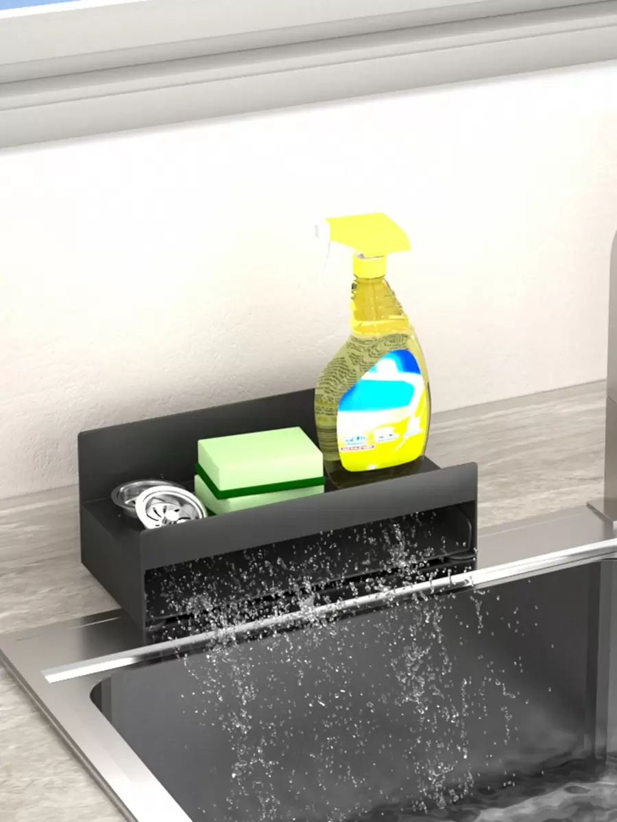 1pc Single-layer Automatic Draining Sponge Holder Sink Storage Basket, Dishwashing Liquid & Hand Soap Rack, Dishcloth Drain Rack - Black - View 1