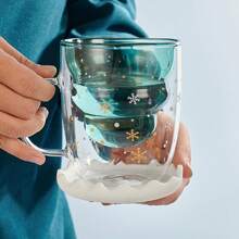 1pc Christmas Tree Design Creative & Lovely Double-Layer Heat-Resistant Glass Cup With Handle In Gift Box Packaging For Festival Gift Back To School - Green - View 8