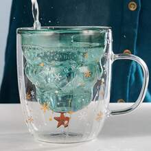 1pc Christmas Tree Design Creative & Lovely Double-Layer Heat-Resistant Glass Cup With Handle In Gift Box Packaging For Festival Gift Back To School - Green - View 10