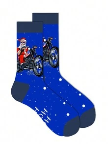 1pair Men's Motorcycle & Santa Claus Pattern Mid-calf Socks - Multicolor - View 2