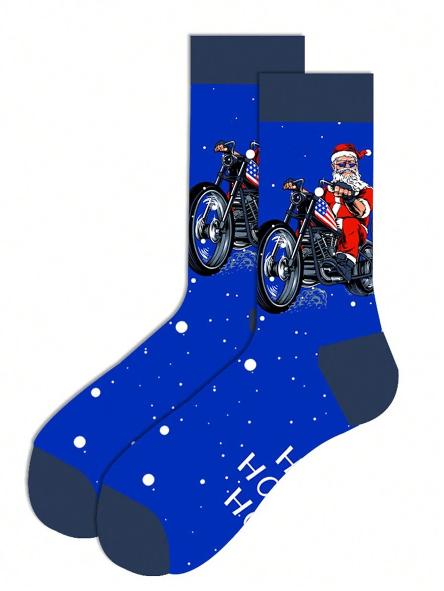 1pair Men's Motorcycle & Santa Claus Pattern Mid-calf Socks - Multicolor - View 1