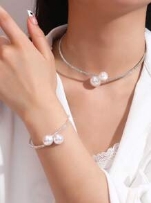 2pcs/Set Pearl & Rhinestone Decor Necklace And Bracelet For Women, Simple And Fashionable Jewelry - Silver - View 10