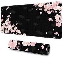 1pc Cherry Blossoms Black Mouse Pad Oversized Thickened Rubber Edged Keyboard Desk Pad Computer Office - Pink - View 1