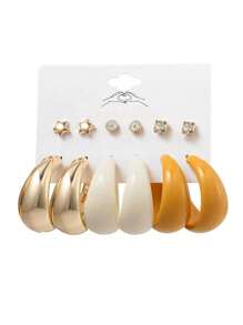 1個時尚的丙烯酸耳環套裝,包括6個具創意的簡單耳釘,附有鑽石/星星細節和c形耳環 - 金色 - 查看 2