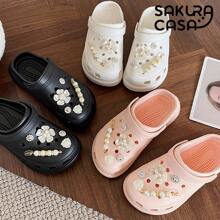 Zapatillas  para mujer Sandalias Antideslizantes EVA zuecos con pins dorados de flor - Rosa - Ver 2