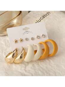 1個時尚的丙烯酸耳環套裝,包括6個具創意的簡單耳釘,附有鑽石/星星細節和c形耳環 - 金色 - 查看 1