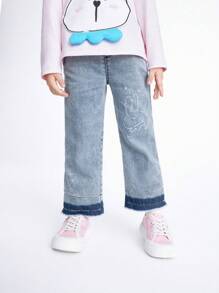 Annil Young Girl Spring And Autumn Cute Rabbit Printed Straight Casual Elastic Waist Kids Jeans Blue