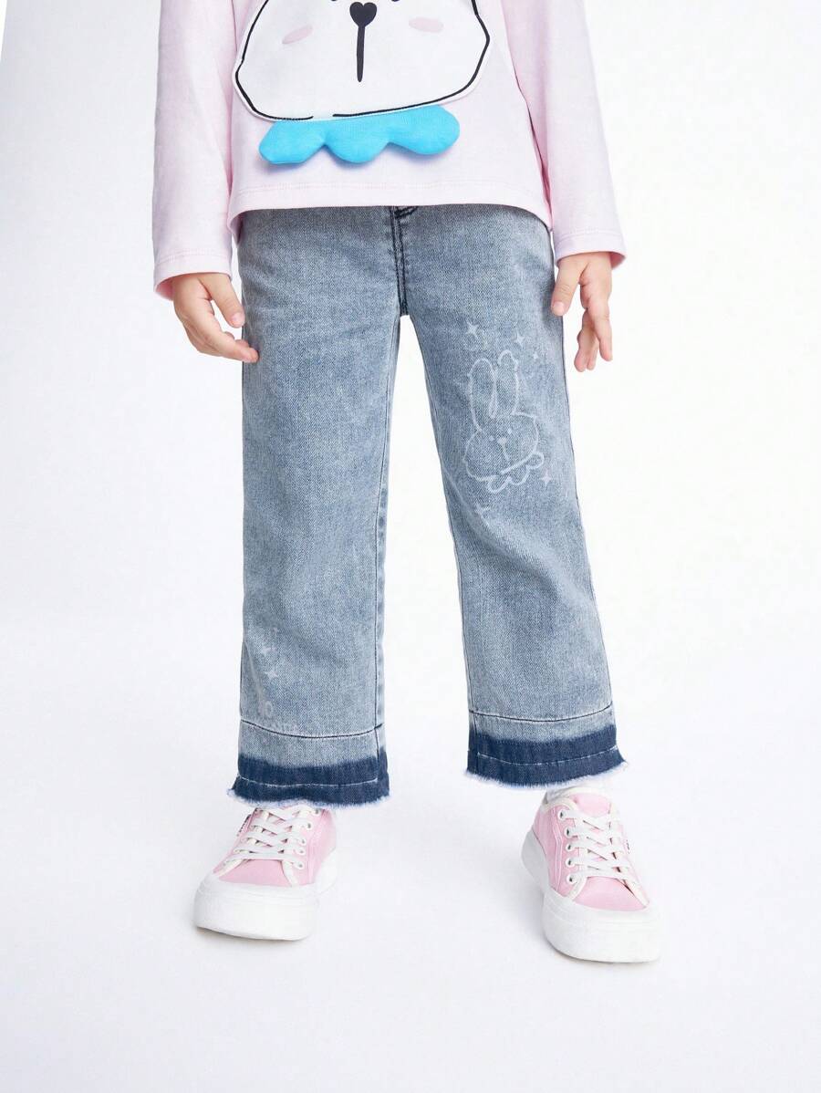 Annil Young Girl Spring And Autumn Cute Rabbit Printed Straight Casual Elastic Waist Kids Jeans Blue