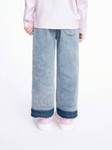 Annil Young Girl Spring And Autumn Cute Rabbit Printed Straight Casual Elastic Waist Kids Jeans Blue