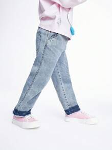 Annil Young Girl Spring And Autumn Cute Rabbit Printed Straight Casual Elastic Waist Kids Jeans Blue