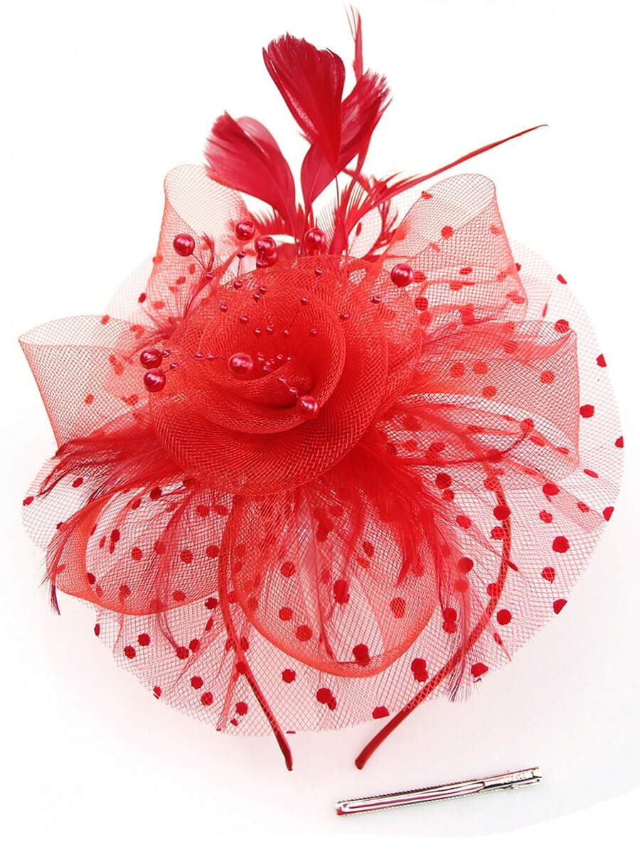 羽毛頭飾,網紗和花卉細節,適合派對和比賽,新娘髮飾