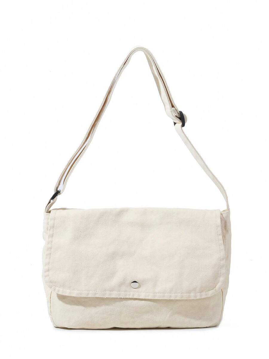 1pc Large Capacity, Wear-Resistant & Scratch-Proof Beige Canvas Bag With Adjustable Strap & Simple Design, Suitable For Boys' Commuting & Daily Use In Autumn And Winter - Beige - View 1