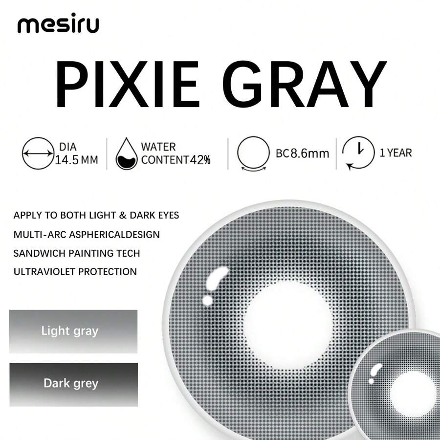 Mesiru Eye Enlarging & Makeup Enhancing Colored Contact Lenses 1 Pair (2 Pieces), Soft High Water Content, Gray Color, Daily Cosmetic, Yearly Replacement - Xám - Xem 1