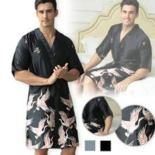 Pijamas De Hombre Batas Seda Pijama Estampado Satén Hombre - Negro - Ver 1