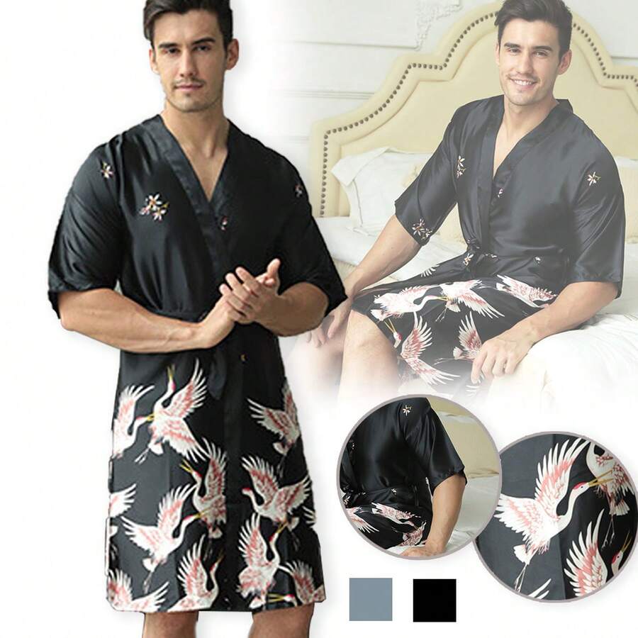 Pijamas De Hombre Batas Seda Pijama Estampado Satén Hombre - Negro - Ver 1
