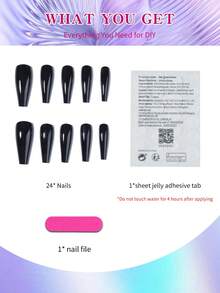 改善妳的風格,24入組長棺材型指甲,實心黑色閃亮經典全覆蓋假指甲套裝,附贈指甲檔和果凍膠,適合女性和女孩日常使用