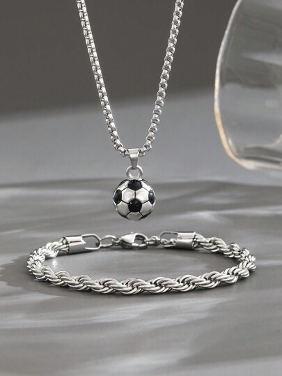 2 Peças / Conjunto Crianças Popular Futebol Charme De Futebol Colar De Corda Trenzada E Pulseira Conjunto De Jóias Para Crianças Moda Jóias Para Festa Presente Para Meninos E Meninas Uso Diário