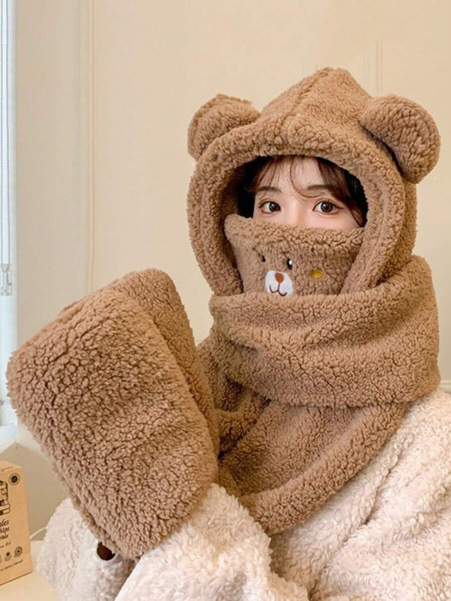 1pc帽子围巾口罩一体帽子女冬季防寒帽秋冬季骑车保暖帽可爱雷锋帽小熊毛绒护耳