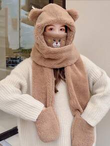 1pc帽子围巾口罩一体帽子女冬季防寒帽秋冬季骑车保暖帽可爱雷锋帽小熊毛绒护耳