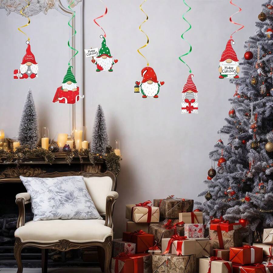 6pcs Christmas Party Cartoon Character Pvc Spiral Hanging Decoration Including Reindeer And Colorful Ribbon - Multicolor - View 1