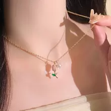 鎖骨鏈掛飾的女式鬱金香珍珠項鍊，精美生日禮物送給女友 - 金色 - 查看 1